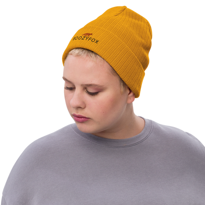 Woman wearing a Mustard Ribbed Knit Beanie With An Embroidered Boozy Fox Logo On Fold - Shop Beanies Online - Boozy Fox