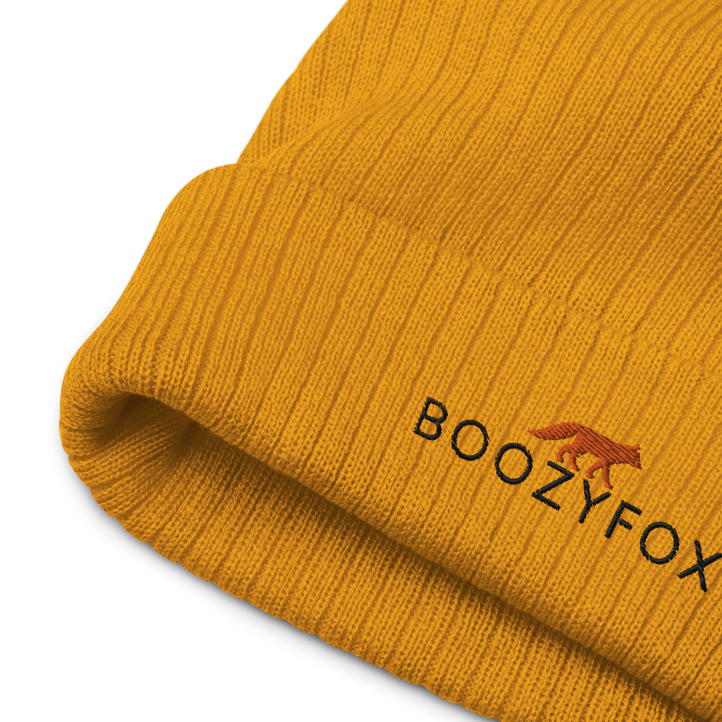 Front details of a Mustard Ribbed Knit Beanie With An Embroidered Boozy Fox Logo On Fold - Shop Beanies Online - Boozy Fox