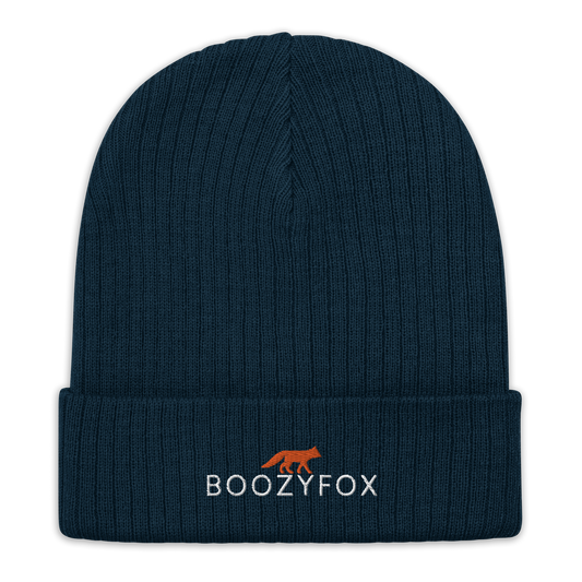 Navy Ribbed Knit Beanie With An Embroidered Boozy Fox Logo On Fold - Shop Beanies Online - Boozy Fox