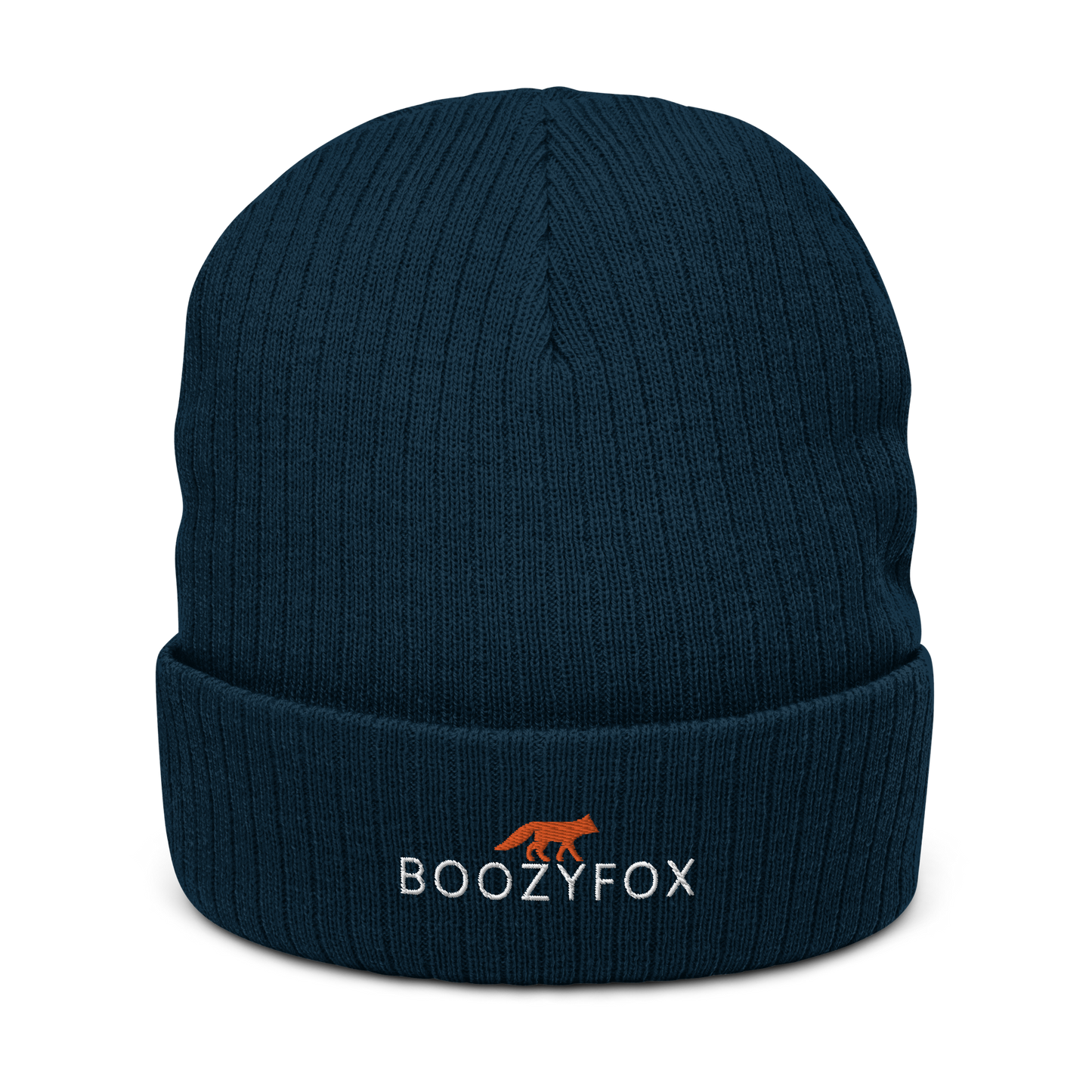 Navy Ribbed Knit Beanie With An Embroidered Boozy Fox Logo On Fold - Shop Beanies Online - Boozy Fox