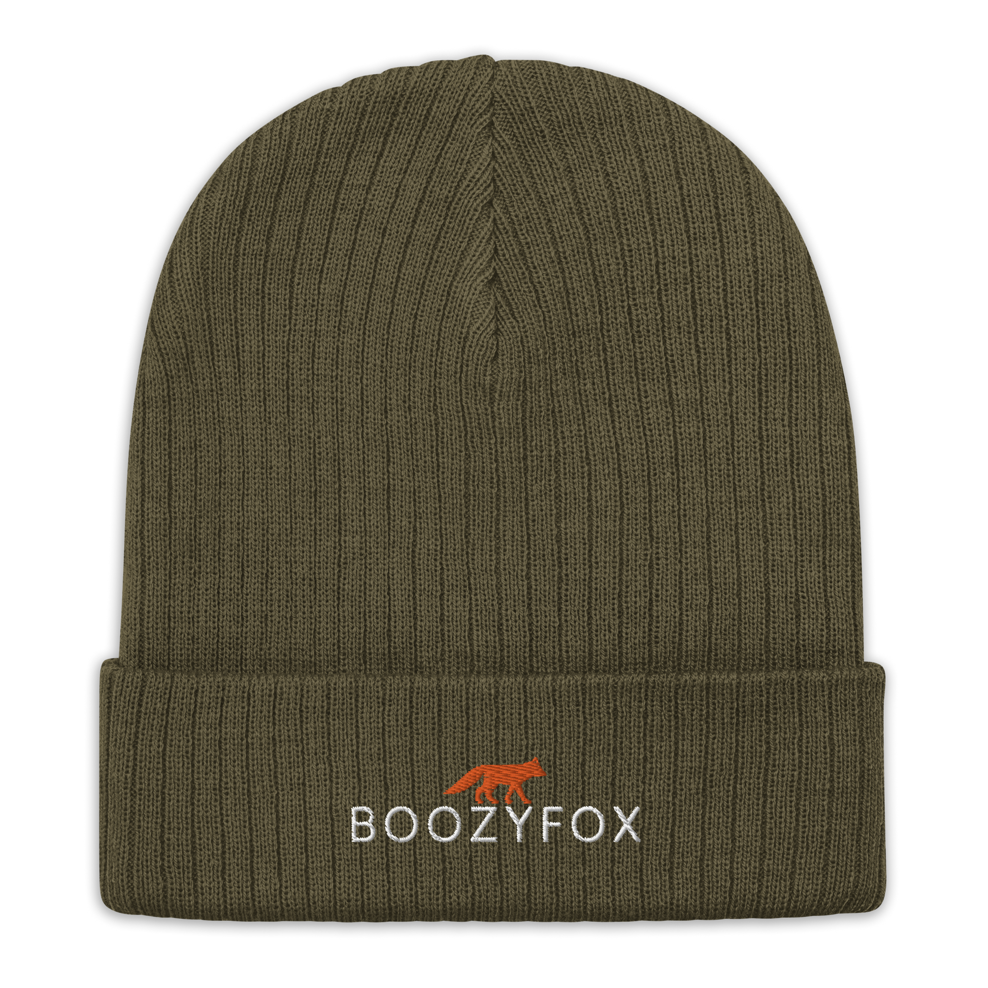 Olive Green Ribbed Knit Beanie With An Embroidered Boozy Fox Logo On Fold - Shop Beanies Online - Boozy Fox