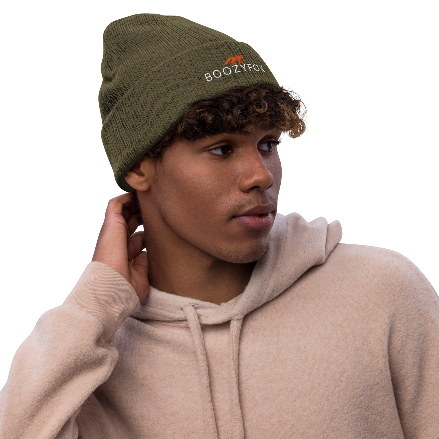 Man wearing a Olive Green Ribbed Knit Beanie With An Embroidered Boozy Fox Logo On Fold - Shop Beanies Online - Boozy Fox