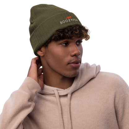 Man wearing a Olive Green Ribbed Knit Beanie With An Embroidered Boozy Fox Logo On Fold - Shop Beanies Online - Boozy Fox