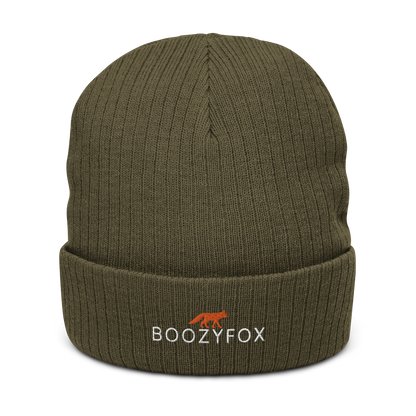 Olive Green Ribbed Knit Beanie With An Embroidered Boozy Fox Logo On Fold - Shop Beanies Online - Boozy Fox