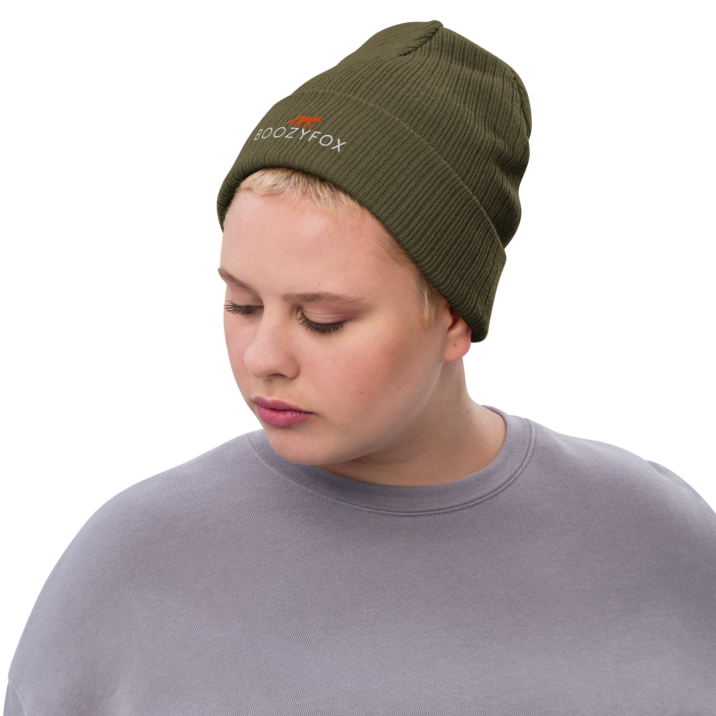 Woman wearing a Olive Green Ribbed Knit Beanie With An Embroidered Boozy Fox Logo On Fold - Shop Beanies Online - Boozy Fox
