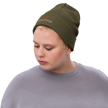 Woman wearing a Olive Green Ribbed Knit Beanie With An Embroidered Boozy Fox Logo On Fold - Shop Beanies Online - Boozy Fox