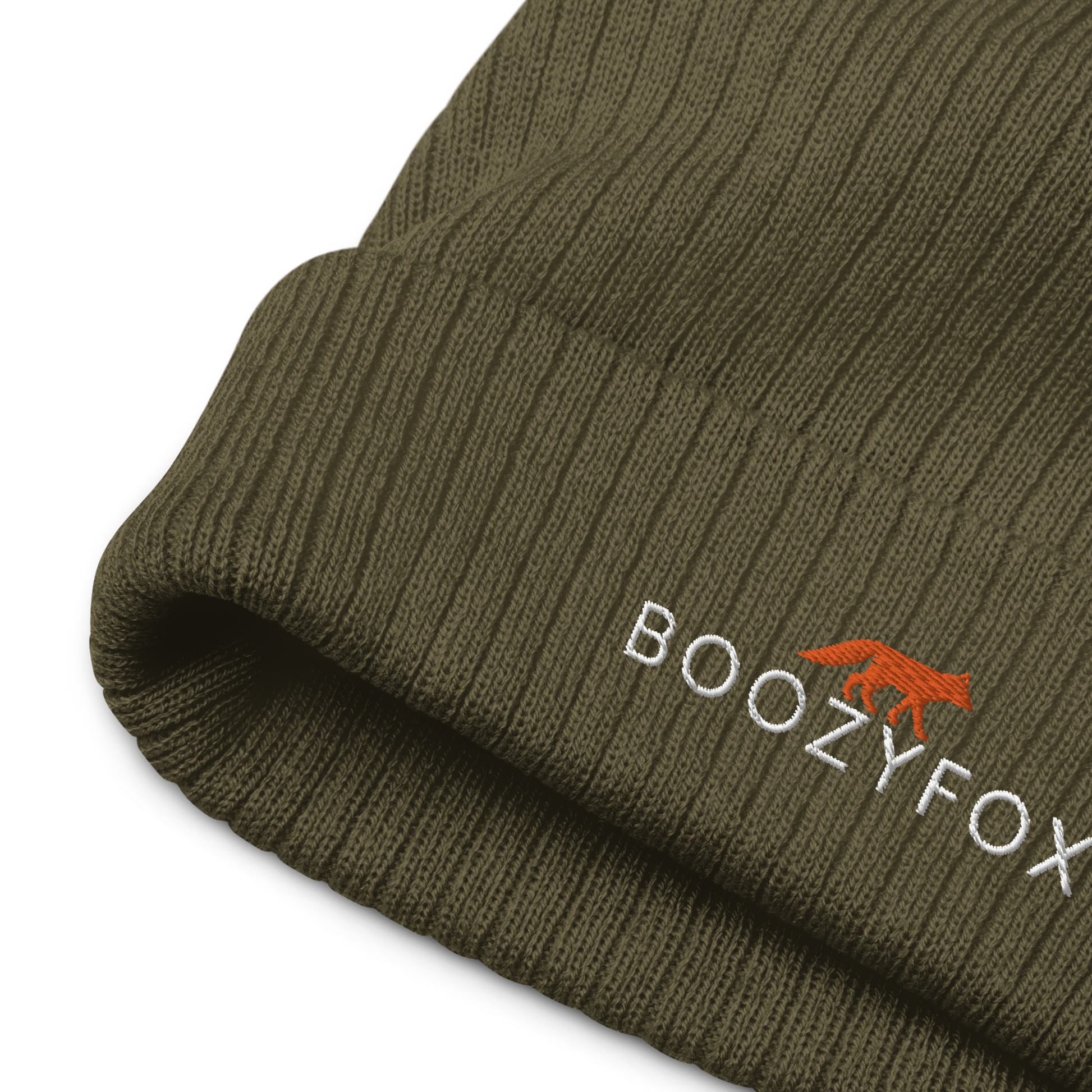 Front details of a Olive Green Ribbed Knit Beanie With An Embroidered Boozy Fox Logo On Fold - Shop Beanies Online - Boozy Fox