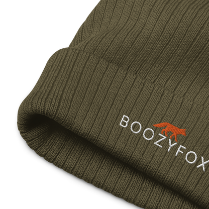 Front details of a Olive Green Ribbed Knit Beanie With An Embroidered Boozy Fox Logo On Fold - Shop Beanies Online - Boozy Fox