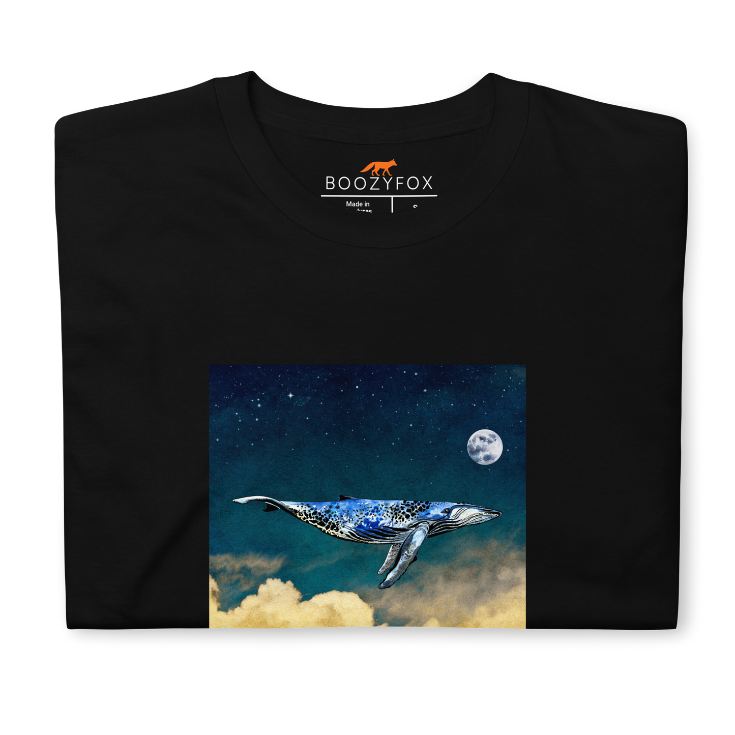 Front Details of a Black Whale Under The Moon T-Shirt - Boozy Fox