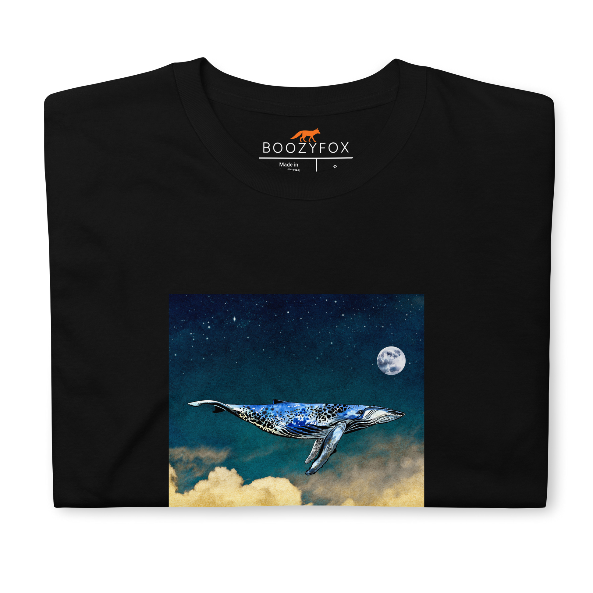 Front Details of a Black Whale Under The Moon T-Shirt - Boozy Fox