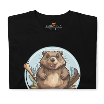 Front Details of a Black Beaver T-Shirt featuring a hilarious Dam It graphic on the chest - Funny Graphic Beaver T-Shirts - Boozy Fox