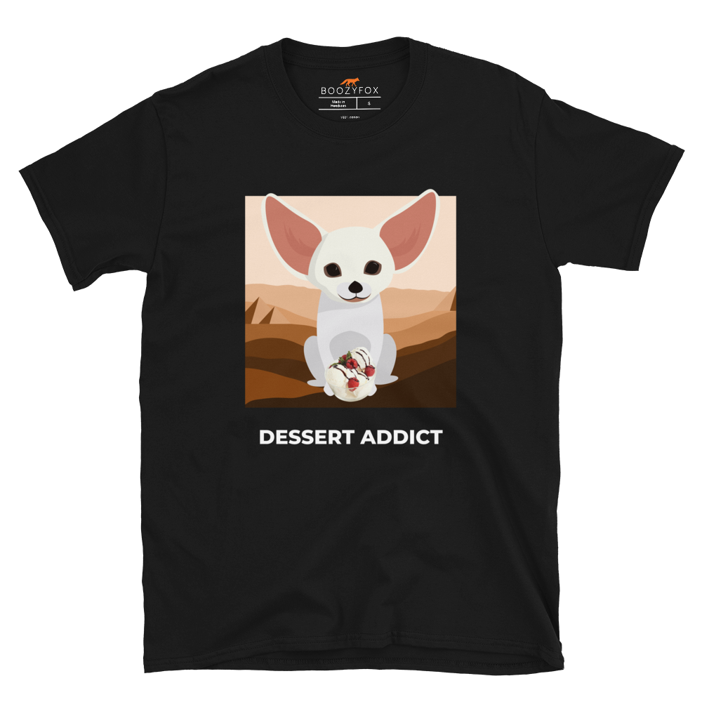 Black Fennec Fox T-Shirt featuring an adorable Dessert Addict graphic on the chest - Cute Graphic Fennec Fox T-Shirts - Boozy Fox