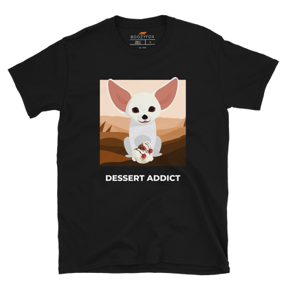 Black Fennec Fox T-Shirt featuring an adorable Dessert Addict graphic on the chest - Cute Graphic Fennec Fox T-Shirts - Boozy Fox