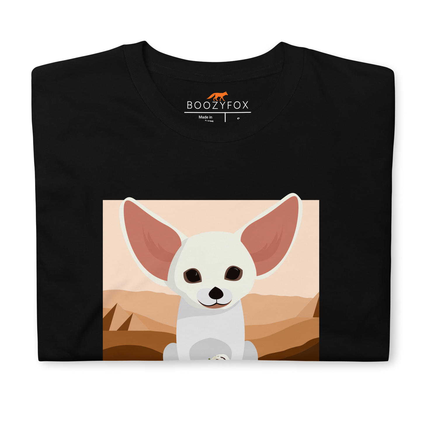 Front Details of a Black Fennec Fox T-Shirt featuring an adorable Dessert Addict graphic on the chest - Cute Graphic Fennec Fox T-Shirts - Boozy Fox