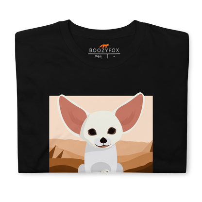 Front Details of a Black Fennec Fox T-Shirt featuring an adorable Dessert Addict graphic on the chest - Cute Graphic Fennec Fox T-Shirts - Boozy Fox