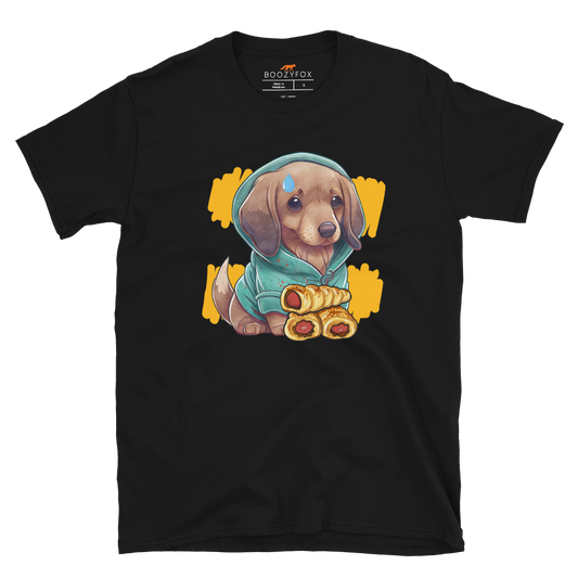 Black Sausage Dog T-Shirt featuring an adorable sausage roll dachshund graphic on the chest - Cute Graphic Dachshund T-Shirts - Boozy Fox