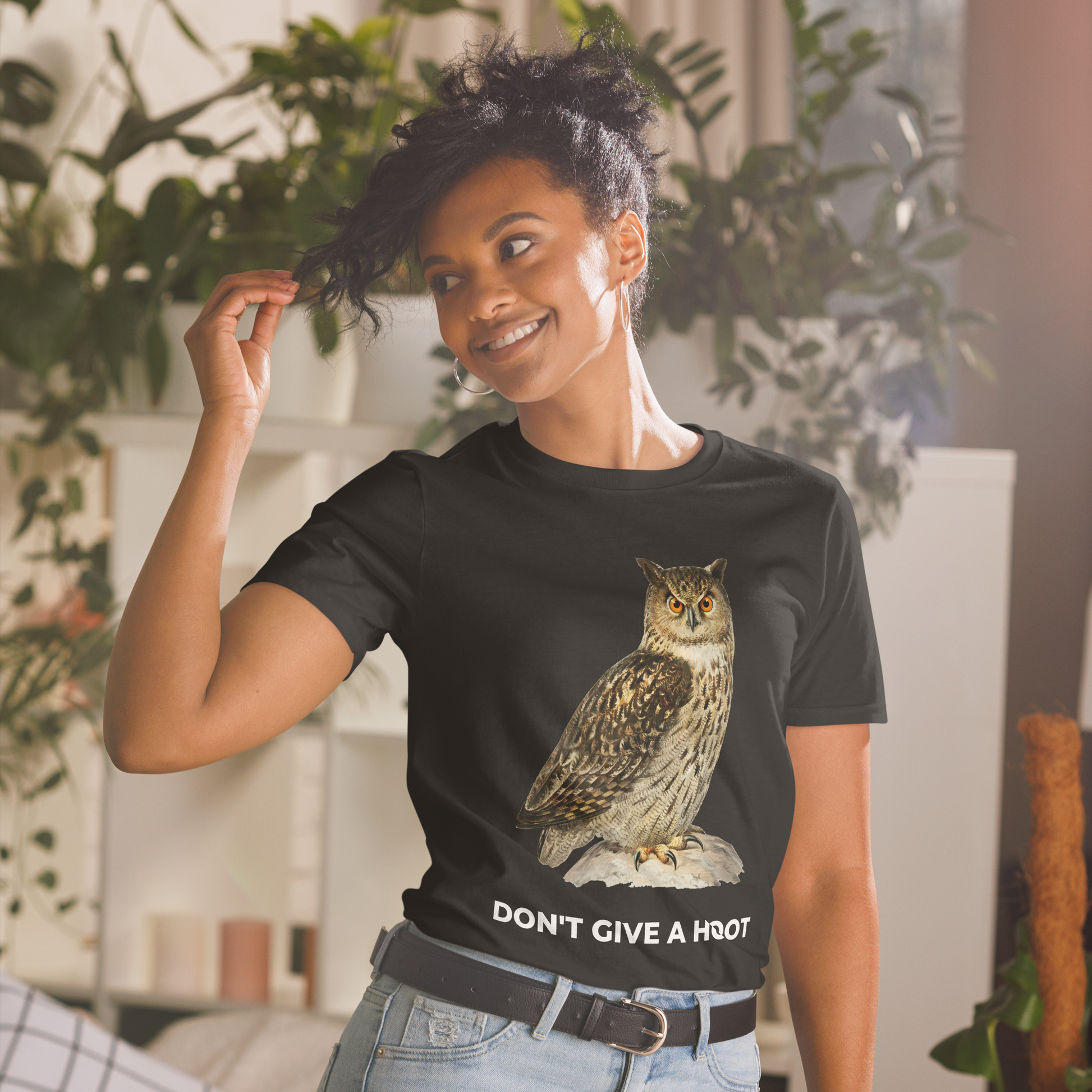 Smiling woman wearing a Black Don't Give A Hoot Owl T-Shirt - Boozy Fox