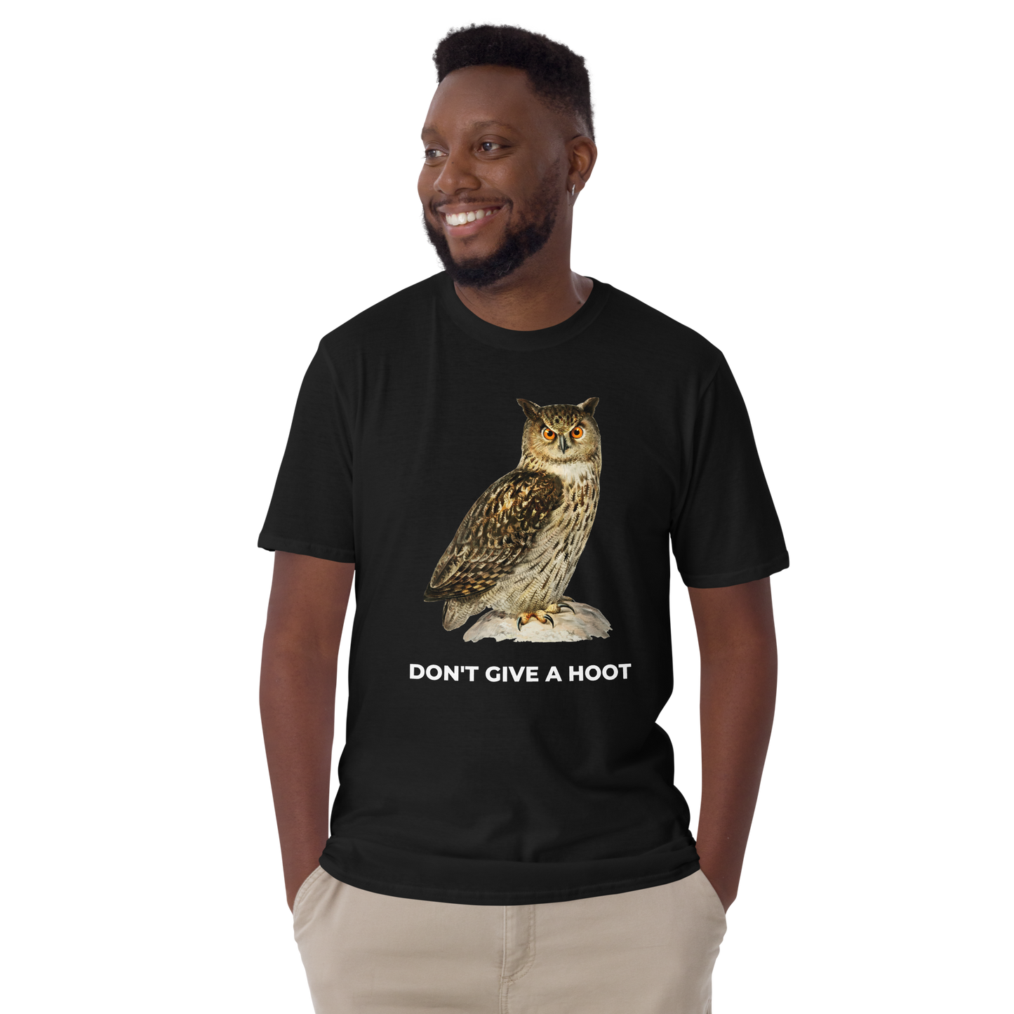 Smiling man wearing a Black Don't Give A Hoot Owl T-Shirt - Boozy Fox