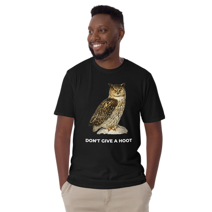 Smiling man wearing a Black Don't Give A Hoot Owl T-Shirt - Boozy Fox