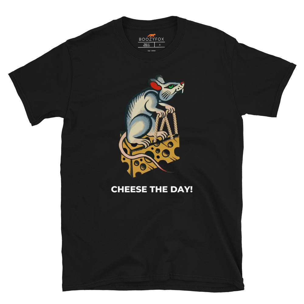 Black Rat T-Shirt featuring a hilarious Cheese The Day graphic on the chest - Funny Graphic Rat T-Shirts - Boozy Fox