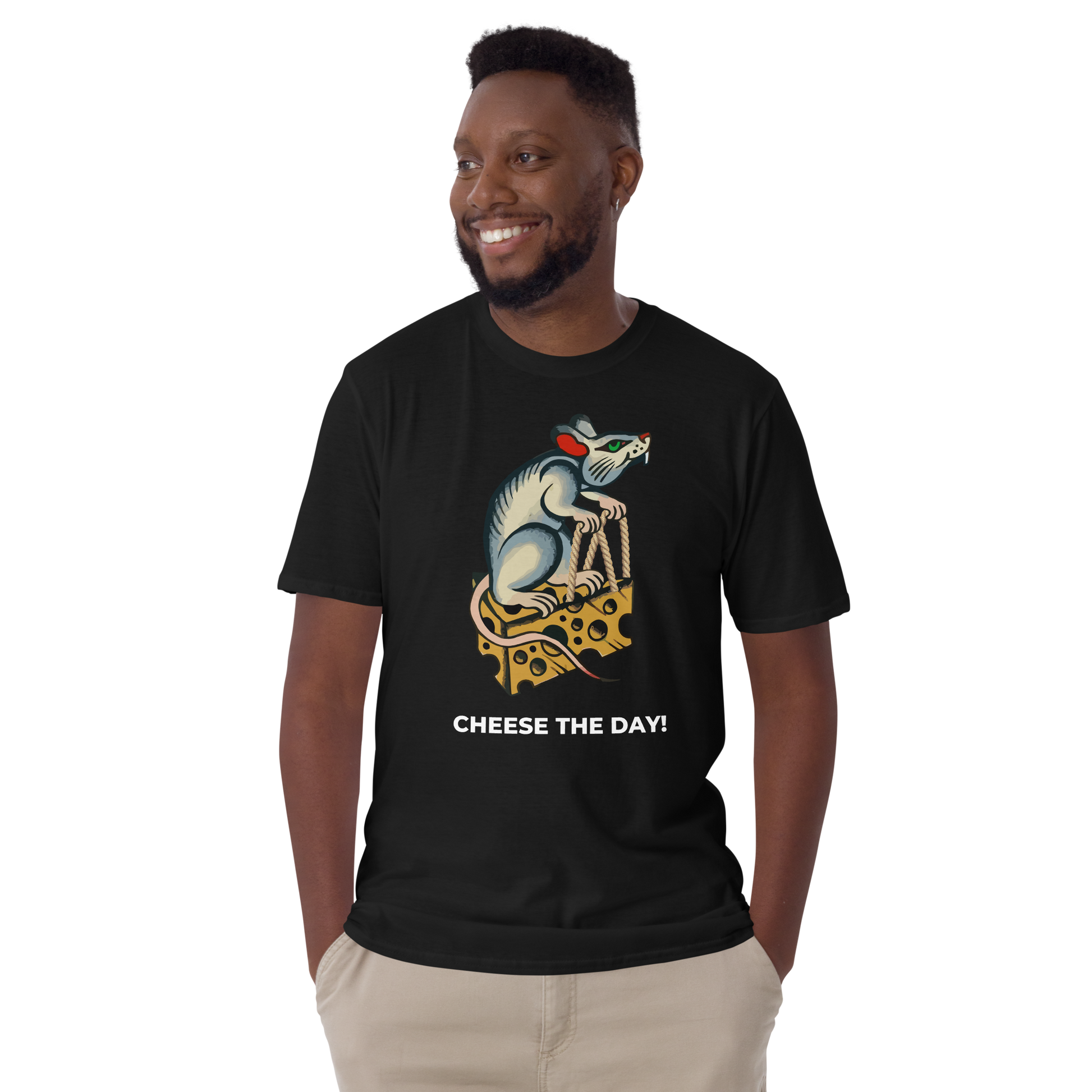 Smiling man wearing a Black Rat T-Shirt featuring a hilarious Cheese The Day graphic on the chest - Funny Graphic Rat T-Shirts - Boozy Fox