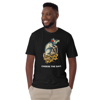 Smiling man wearing a Black Rat T-Shirt featuring a hilarious Cheese The Day graphic on the chest - Funny Graphic Rat T-Shirts - Boozy Fox
