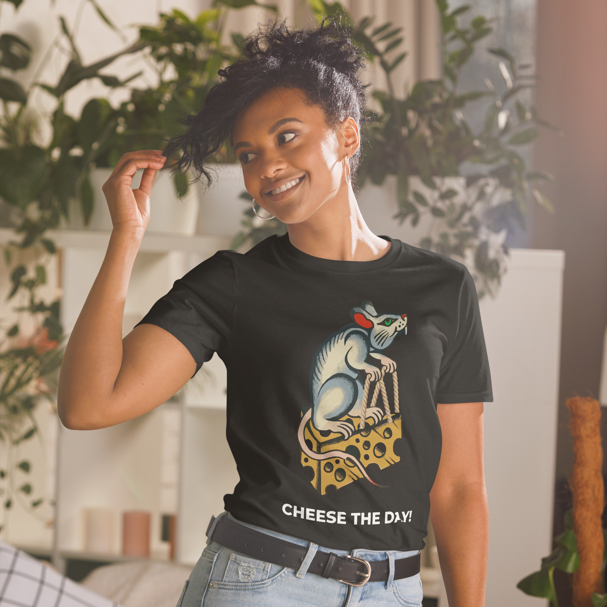 Smiling woman wearing a Black Rat T-Shirt featuring a hilarious Cheese The Day graphic on the chest - Funny Graphic Rat T-Shirts - Boozy Fox