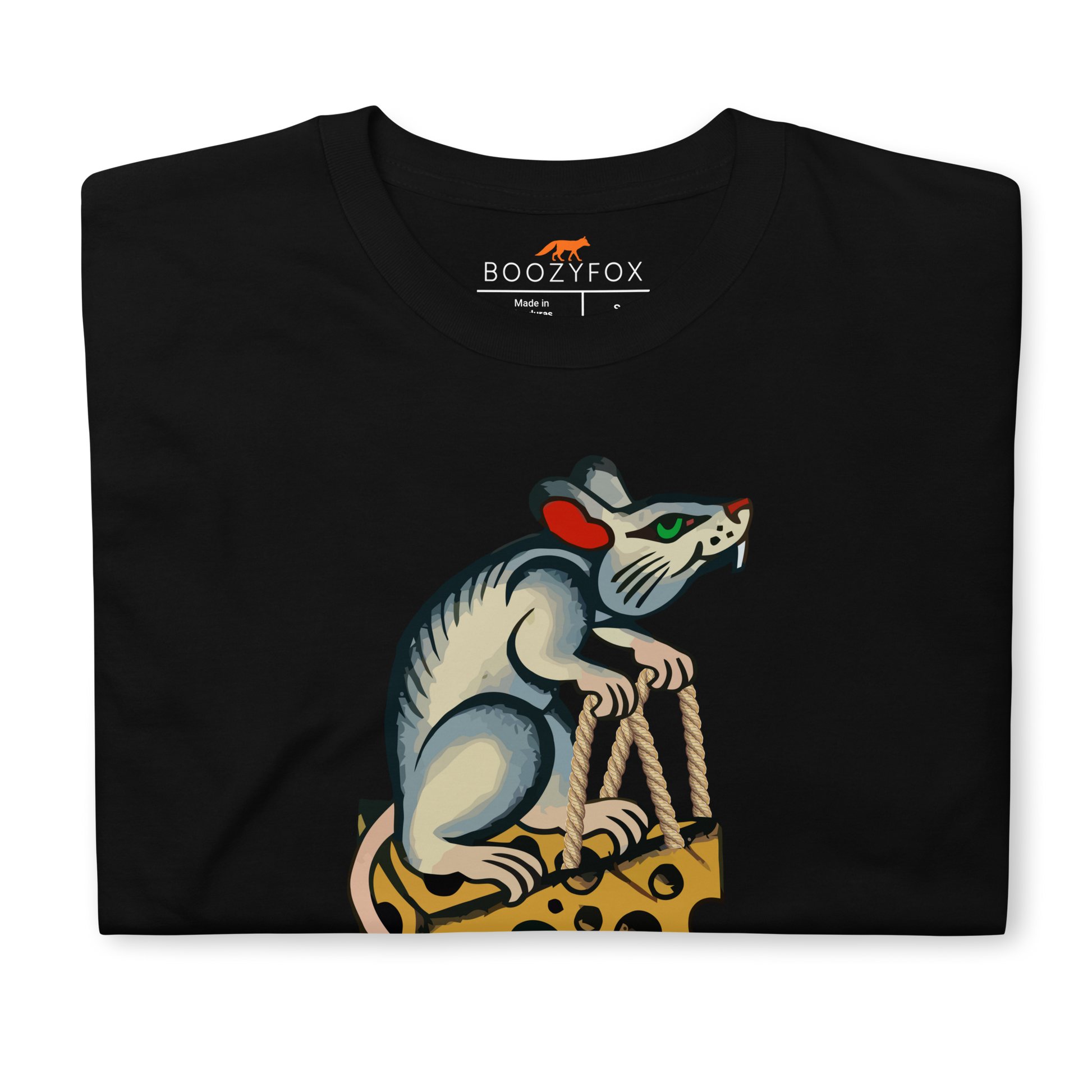 Front details of a Black Rat T-Shirt featuring a hilarious Cheese The Day graphic on the chest - Funny Graphic Rat T-Shirts - Boozy Fox