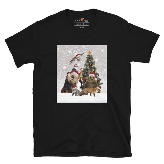 Black Christmas Animals T-Shirt featuring a delightful Christmas Tree Surrounded by Adorable Animals graphic on the chest - Funny Christmas Tee Shirts - Boozy Fox