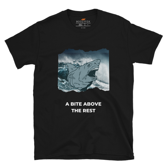 Black Megalodon T-Shirt featuring A Bite Above the Rest graphic on the chest - Funny Graphic Megalodon T-Shirts - Boozy Fox