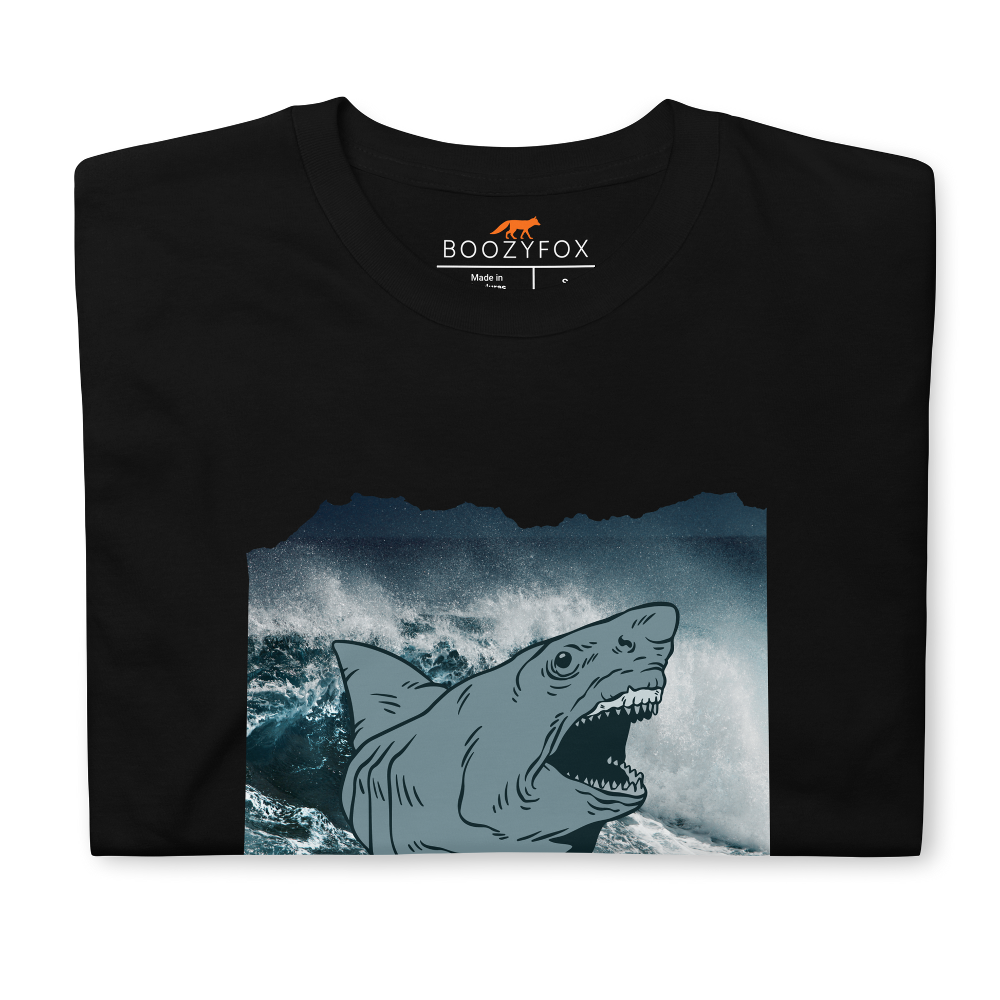 Front details of a Black Megalodon T-Shirt featuring A Bite Above the Rest graphic on the chest - Funny Graphic Megalodon T-Shirts - Boozy Fox