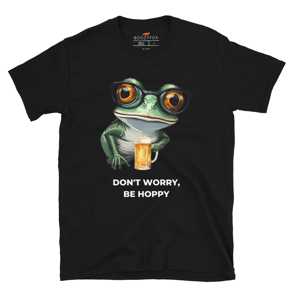 Black Frog T-Shirt featuring a ribbitting Don't Worry, Be Hoppy graphic on the chest - Funny Graphic Frog T-Shirts - Boozy Fox