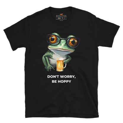 Black Frog T-Shirt featuring a ribbitting Don't Worry, Be Hoppy graphic on the chest - Funny Graphic Frog T-Shirts - Boozy Fox