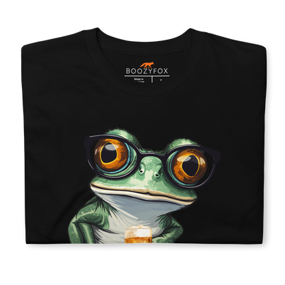 Front details of a Black Frog T-Shirt featuring a ribbitting Don't Worry, Be Hoppy graphic on the chest - Funny Graphic Frog T-Shirts - Boozy Fox