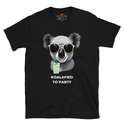 Black Koala T-Shirt featuring an adorable Koalafied To Party graphic on the chest - Funny Graphic Koala T-Shirts - Boozy Fox