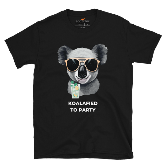 Black Koala T-Shirt featuring an adorable Koalafied To Party graphic on the chest - Funny Graphic Koala T-Shirts - Boozy Fox