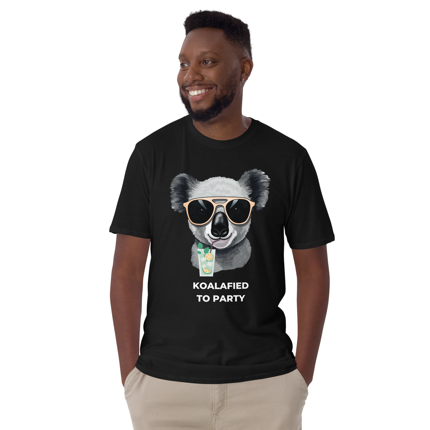 Smiling man wearing a Black Koala T-Shirt featuring an adorable Koalafied To Party graphic on the chest - Funny Graphic Koala T-Shirts - Boozy Fox