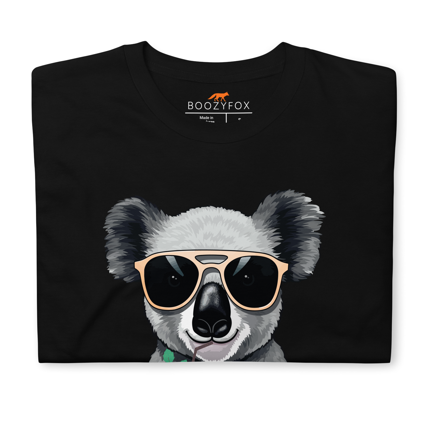 Front details of a Black Koala T-Shirt featuring an adorable Koalafied To Party graphic on the chest - Funny Graphic Koala T-Shirts - Boozy Fox