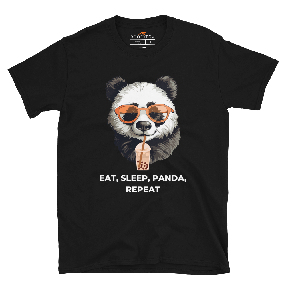 Black Panda T-Shirt featuring an adorable Eat, Sleep, Panda, Repeat graphic on the chest - Funny Graphic Panda T-Shirts - Boozy Fox
