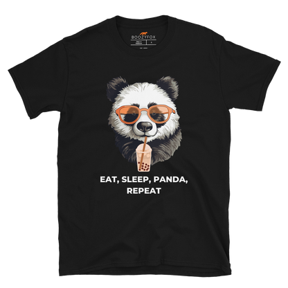 Black Panda T-Shirt featuring an adorable Eat, Sleep, Panda, Repeat graphic on the chest - Funny Graphic Panda T-Shirts - Boozy Fox