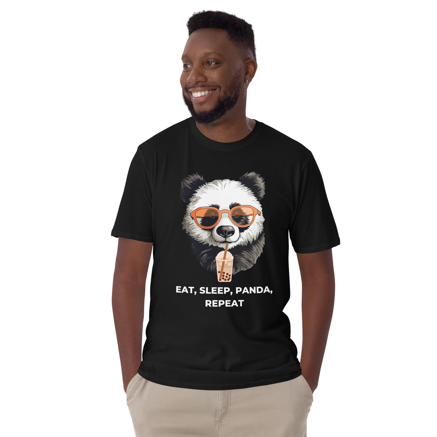Smiling man wearing a Black Panda T-Shirt featuring an adorable Eat, Sleep, Panda, Repeat graphic on the chest - Funny Graphic Panda T-Shirts - Boozy Fox