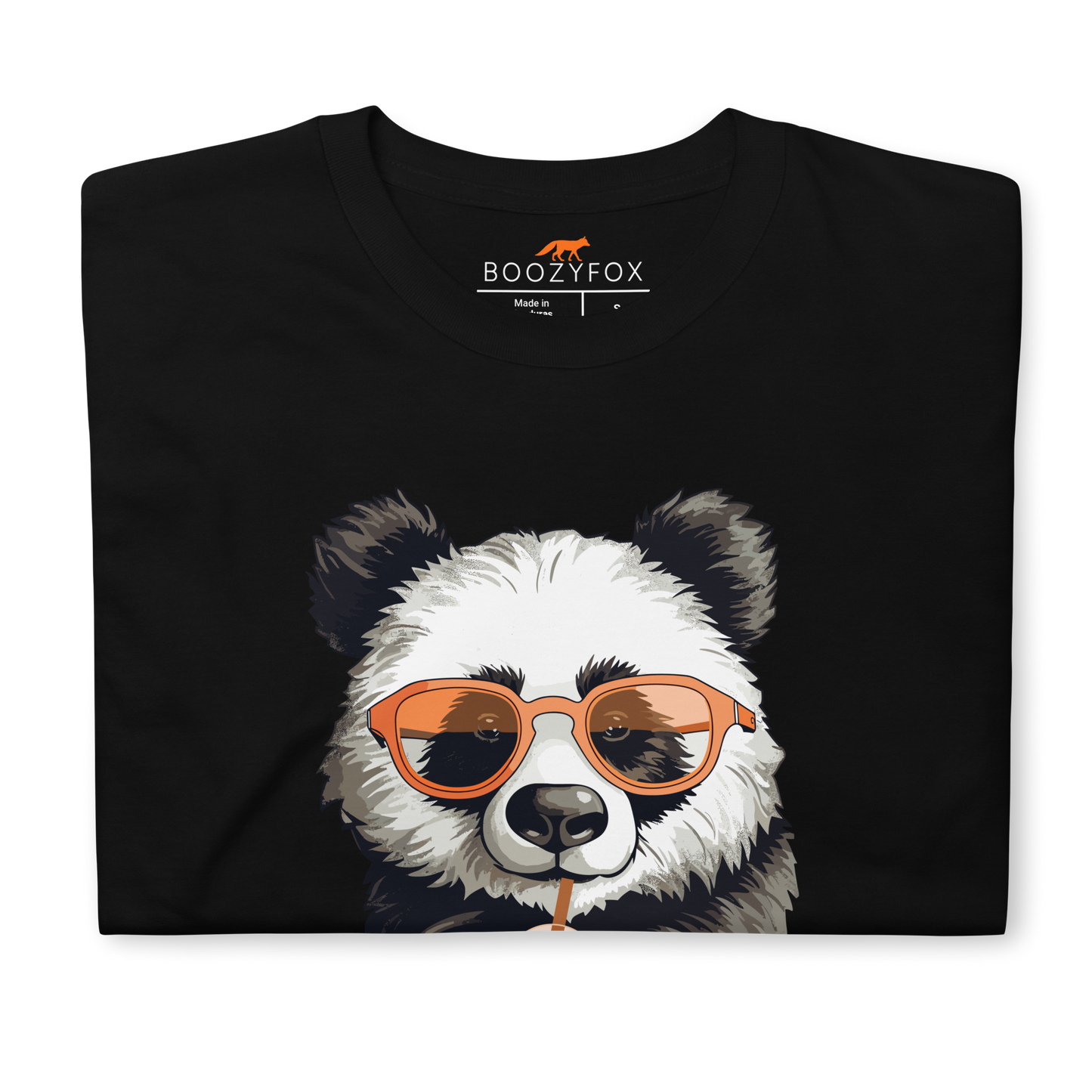 Front details of a Black Panda T-Shirt featuring an adorable Eat, Sleep, Panda, Repeat graphic on the chest - Funny Graphic Panda T-Shirts - Boozy Fox
