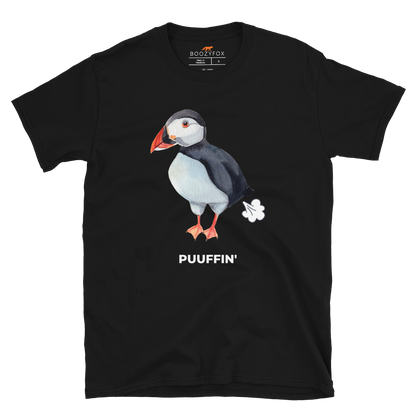Black Puffin T-Shirt featuring a comic Puuffin' graphic on the chest - Funny Graphic Puffin T-Shirts - Boozy Fox