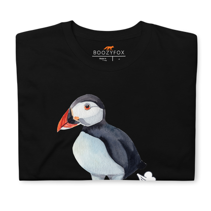 Front details of a Black Puffin T-Shirt featuring a comic Puuffin' graphic on the chest - Funny Graphic Puffin T-Shirts - Boozy Fox