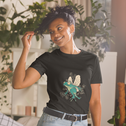 Smiling woman wearing a Black Fairy Frog T-Shirt featuring an adorable Fairy Frog graphic on the chest - Funny Graphic Frog T-Shirts - Boozy Fox