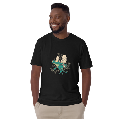 Smiling man wearing a Black Fairy Frog T-Shirt featuring an adorable Fairy Frog graphic on the chest - Funny Graphic Frog T-Shirts - Boozy Fox