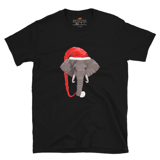 Black Christmas Elephant T-Shirt featuring a delight Elephant Wearing an Elf Hat graphic on the chest - Funny Christmas Graphic Elephant T-Shirts - Boozy Fox