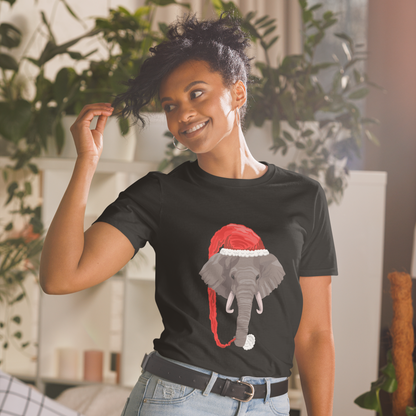 Smiling woman wearing a Black Christmas Elephant T-Shirt - Boozy Fox