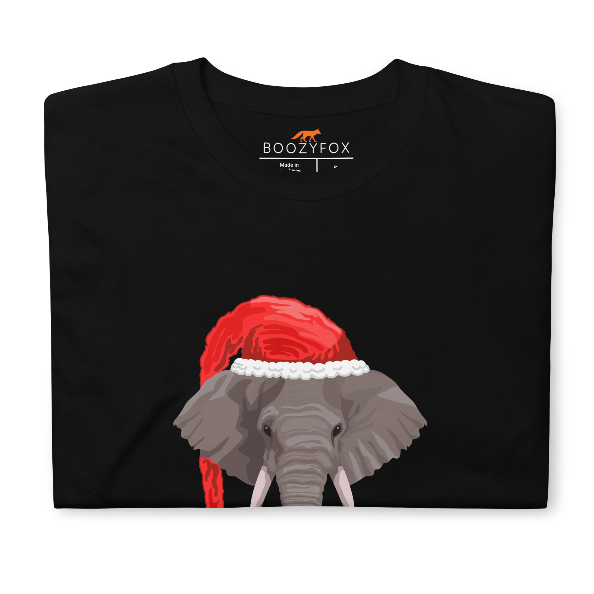 Front details of a Black Christmas Elephant T-Shirt - Boozy Fox