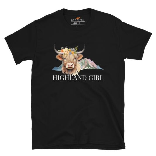 Black Highland Cow T-Shirt featuring an adorable Highland Girl graphic on the chest - Cute Graphic Highland Cow T-Shirts - Boozy Fox